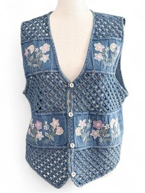 Vintage Tantrum Blues Denim Floral Embroidered Lattice Vest Size Large